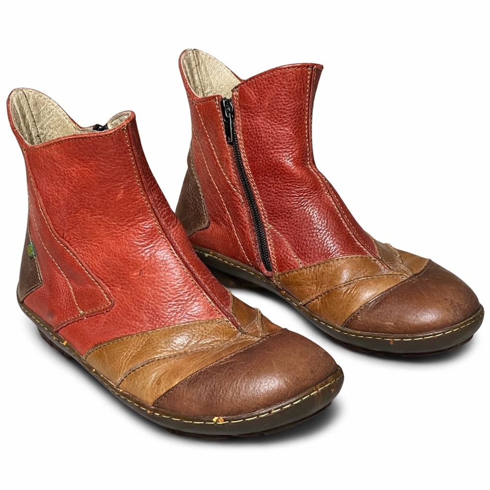 El Naturalista Patchwork Leather Ankle Boot Red Brown Artisan Comfort EU 37 US 7